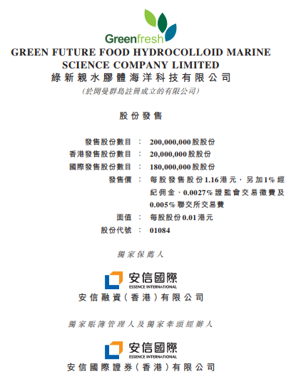 绿新亲水胶体(01084)，来自福建漳州龙海，10月16日在香港成功挂牌上市，募资2.32亿港元