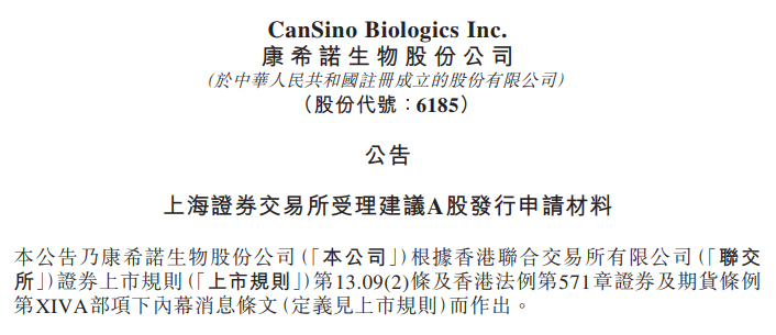 康希诺(06185.HK)，在上交所递交招股书，2020年第一家H股申请发行A股的生物科技公司
