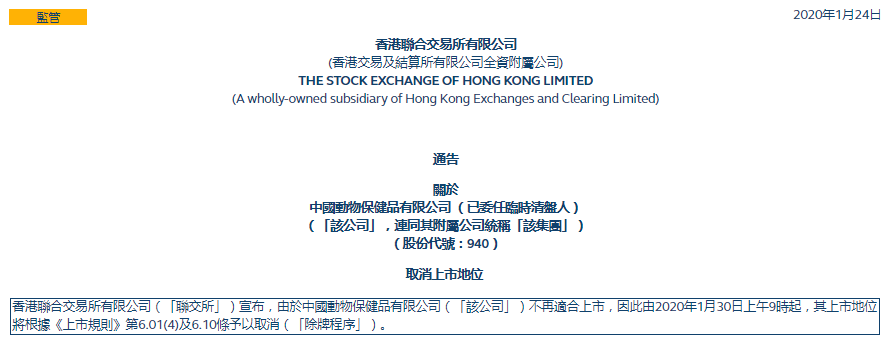 2020年第2家被聯交所以「上市規則」除牌，中國動物保健品(00940.HK)即日起取消上市地位