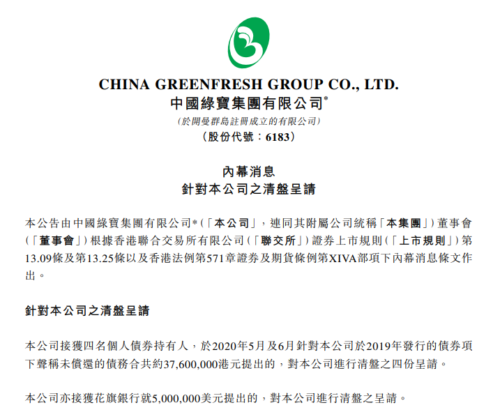 中國綠寶(06183) ，來自福建廈門的食用菌產品綜合供應商，接獲數份針對公司的清盤呈請